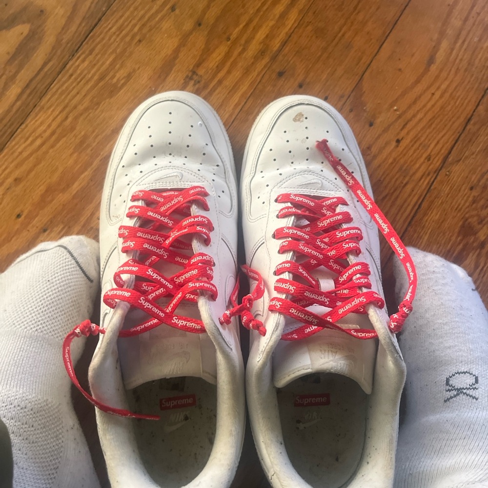 Supreme White Sneakers with Red Laces